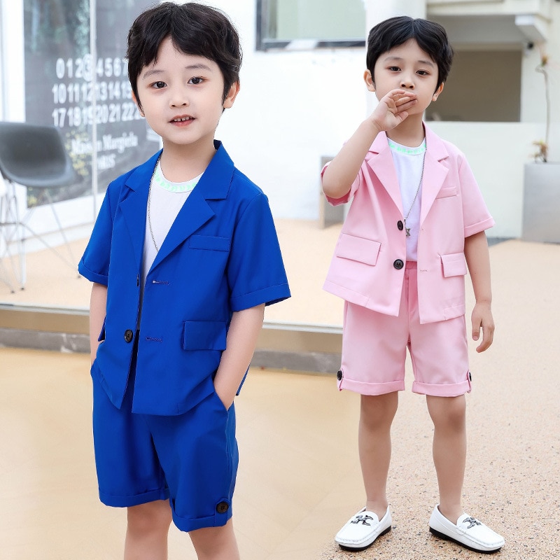 Children&s Summer Solid Color Suit Set Korean Handsome Boys Party Performance Costume Kids Short Sleeve Blazer Shorts 2-14t